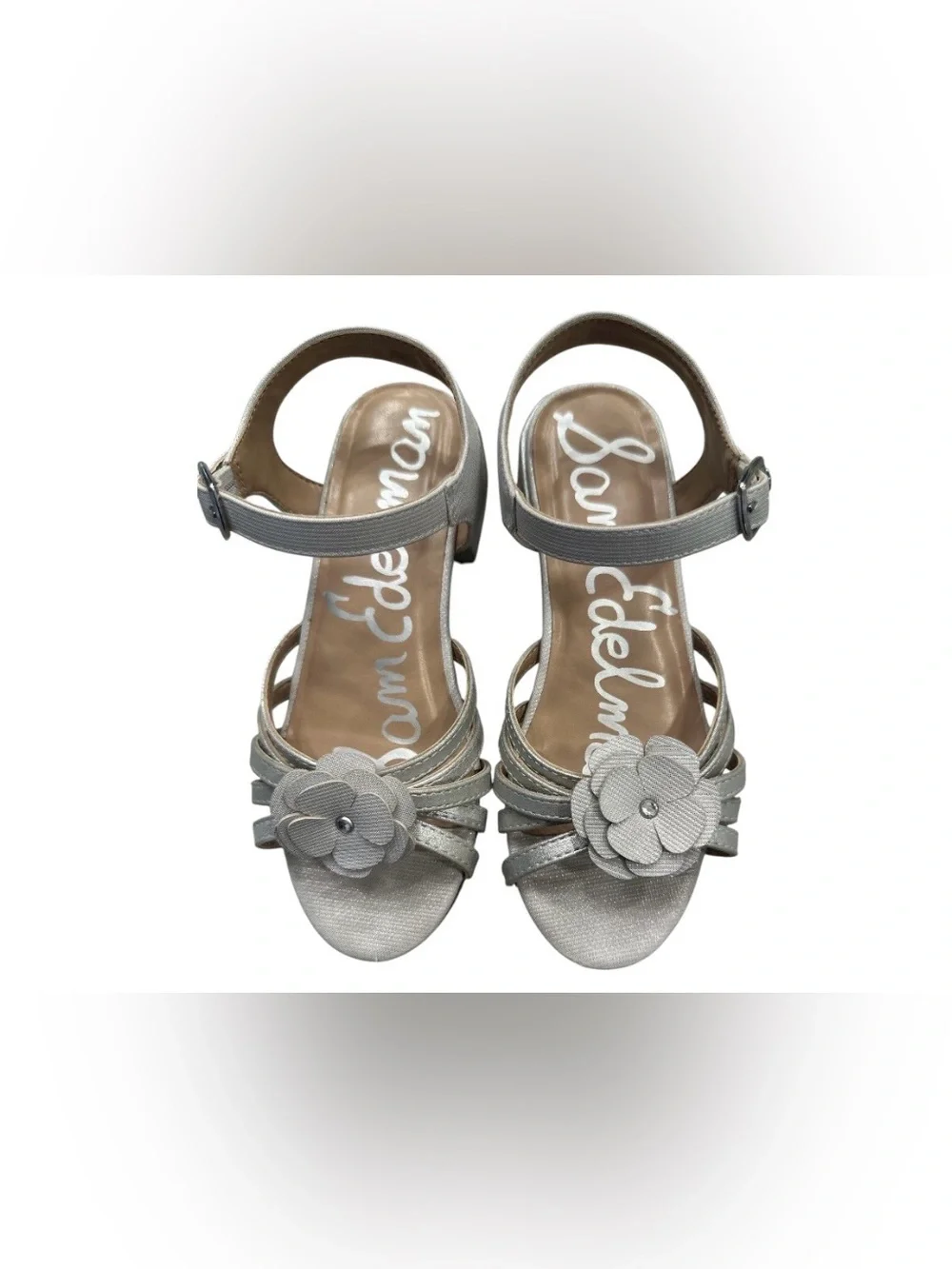 Sam Edelman Kids Calla Flower Silver Metallic Dress Sandals Low Block Heel Sz 1